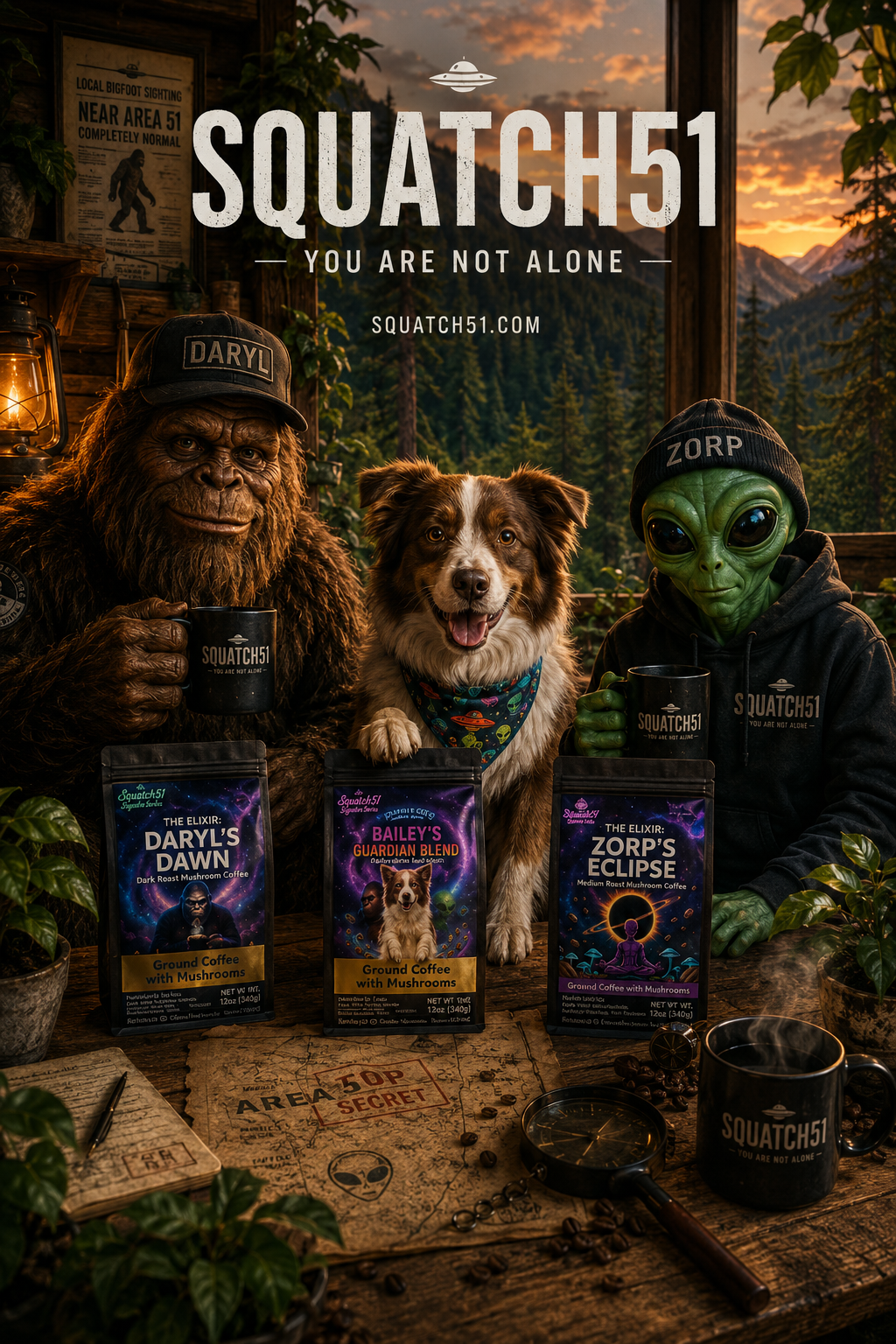 Daryl the Squatch, Bailey the dog, and Zorp the Martian sitting together with Squatch51 coffee products — You Are Not Alone