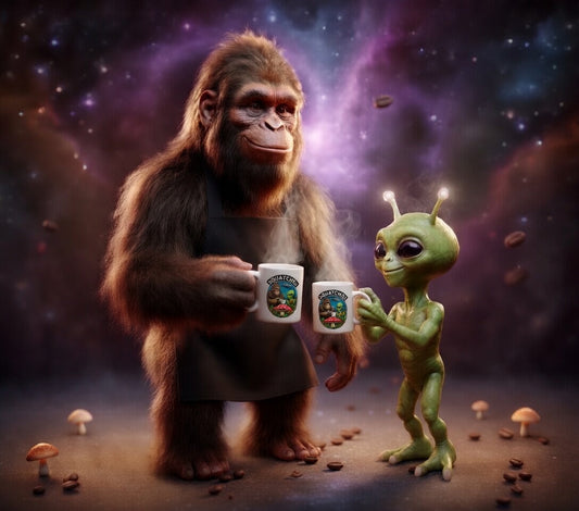 Daryl the Bigfoot and Zorp the alien toasting with Squatch51 mugs in a cosmic nebula setting