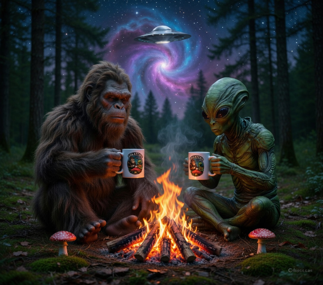 Daryl the Squatch and Zorp the Martian sitting around a campfire holding Squatch51 mugs under a cosmic night sky