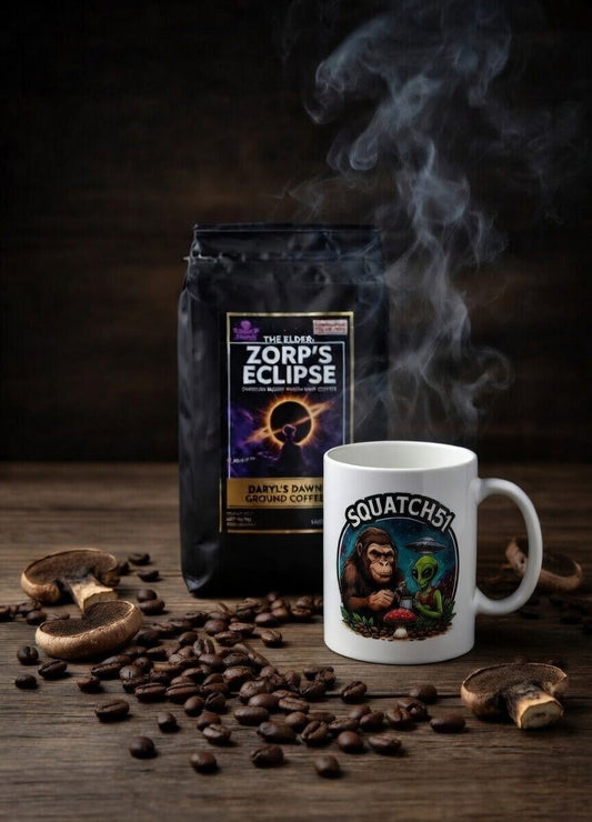 Squatch51 mug with Zorp's Eclipse coffee bag in moody dark studio lighting with coffee beans and mushrooms