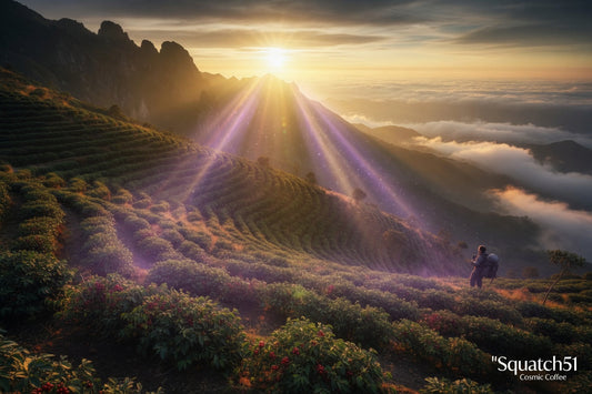 High-altitude single-origin coffee farm at sunrise with explorer silhouette, misty mountain peaks, and coffee cherries — Squatch51 Cosmic Coffee